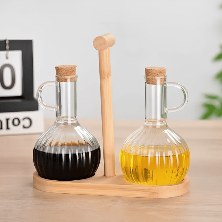 Conjunto Para Azeite e Vinagre Com 2 Garrafas De Vidro e Suporte Em Bambu Organização e Elegância Para Mesa
