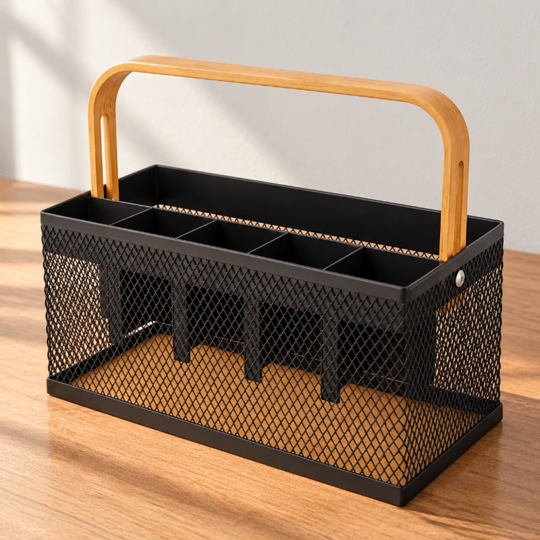 Porta Talheres Organizador de Metal Preto 22,5x11x11,5 cm com Alça de Bambu e Divisórias 
