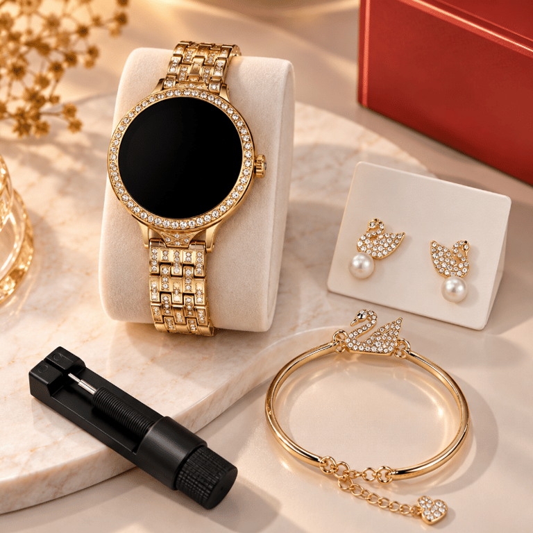 Relógio Smartwatch Mini Feminino Inteligente Rosé Dourado Com Pulseira Metálica Ajustável Monitoramento de Passos Frequência Cardíaca Clima e Design Sofisticado