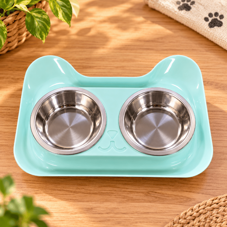 Comedouro Gatinho Duplo Com Tigelas De Inox Para Pets