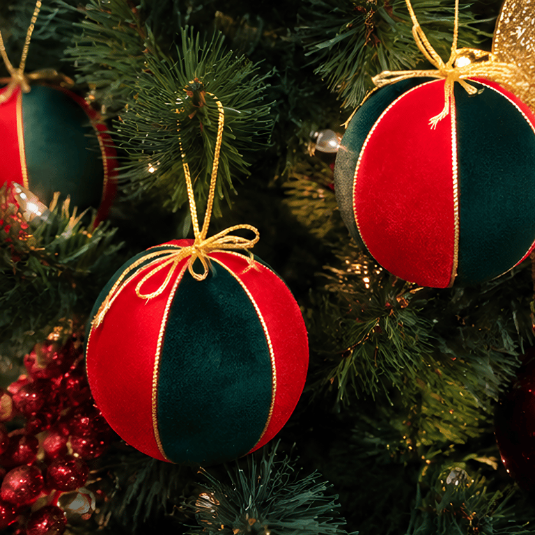 Bolas Decorativas de Natal Vermelhas e Verdes com Detalhes Dourados  Kit com 3 Unidades