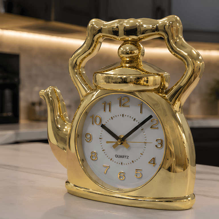 Relógio Decorativo Bule Dourado Elegante para Sala Cozinha