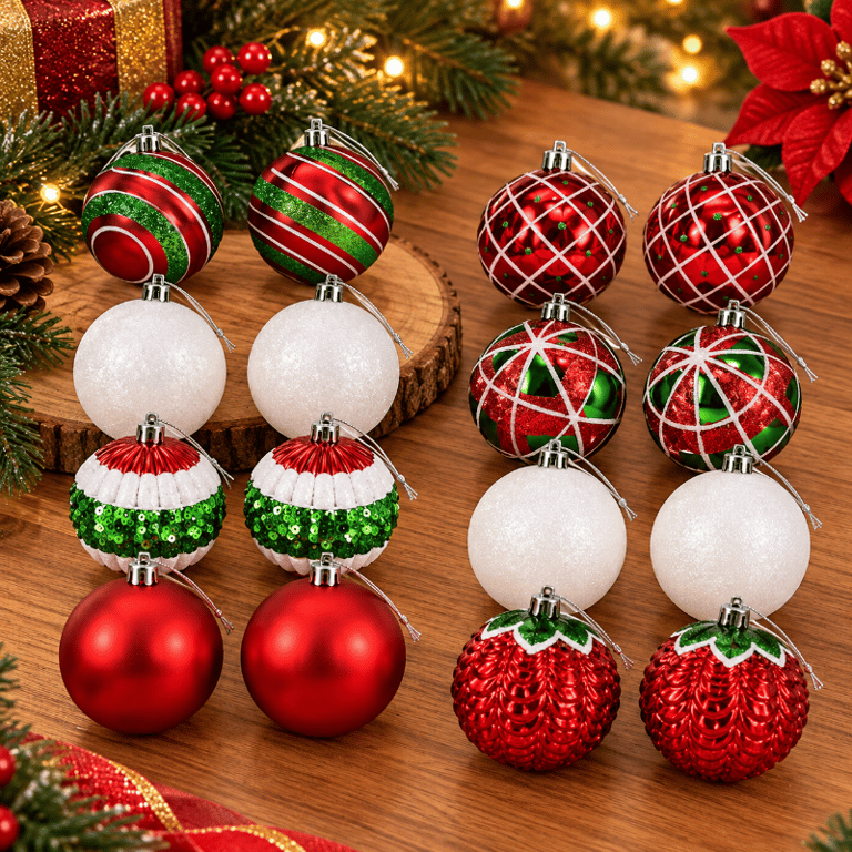 Kit 16 Bolas De Natal 6 Centímetros Decorativas Vermelhas Verdes E Brancas
