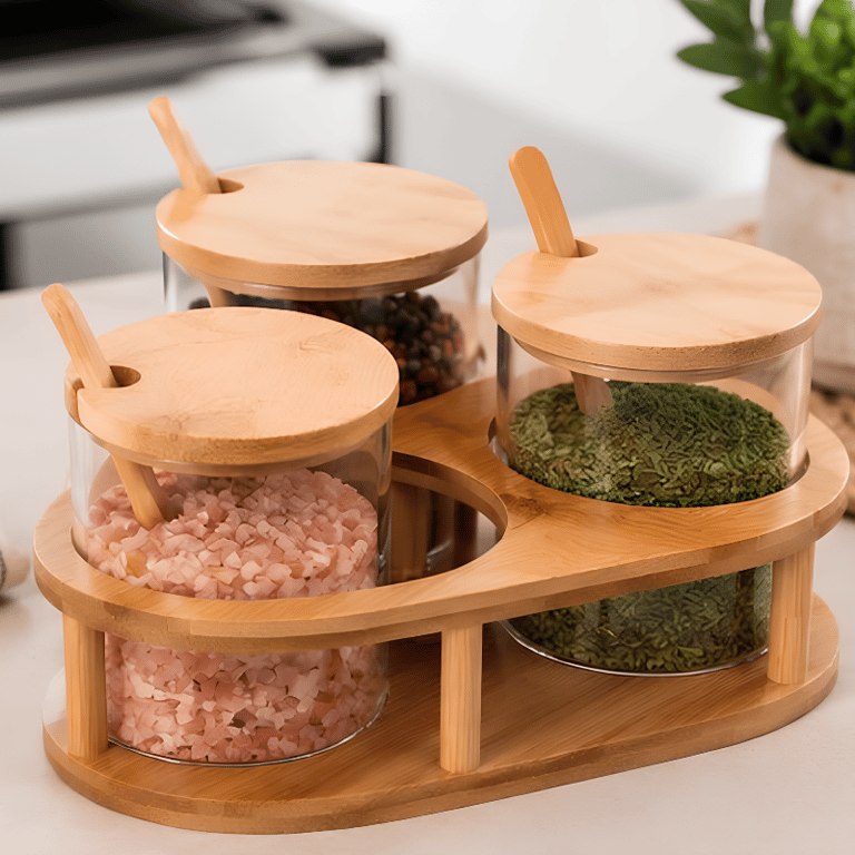 Porta Temperos com 3 Potes de Vidro e Suporte de Bambu