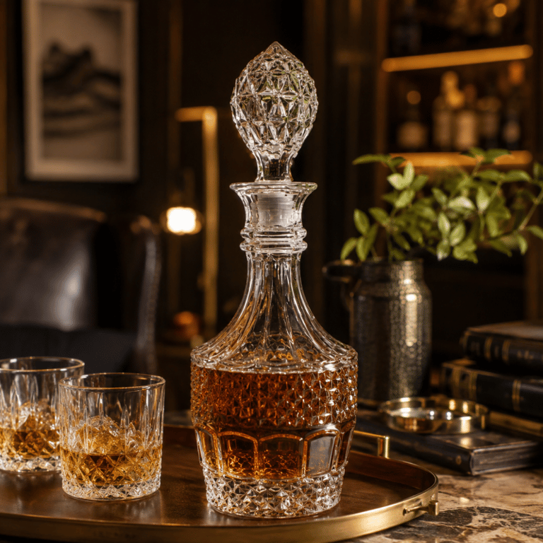 Garrafa para Whisky em Vidro Trabalhado com Tampa Decorativa
