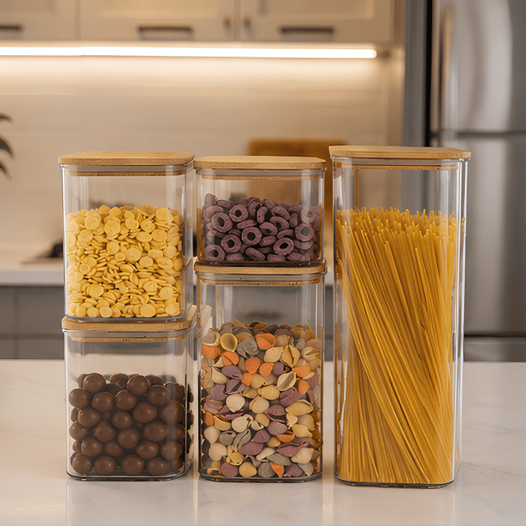 Kit com 5 Potes  de Plástico com Tampa de Bambu Organizador