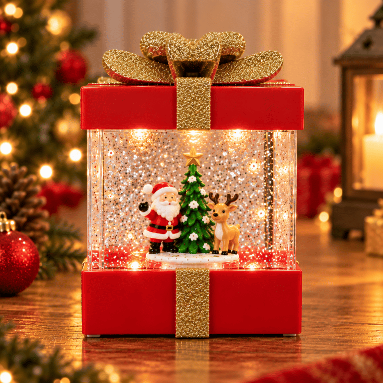 Caixa Presente Natalina 12x18x6 cm Com Luz E Movimento Na Água Decoração Encantadora