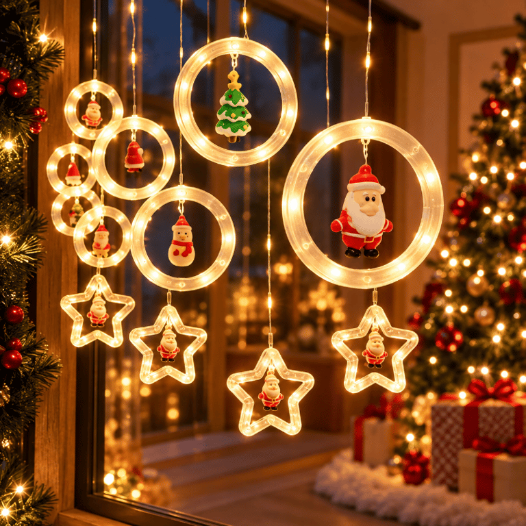 Cortina de Led Natal com Argolas e Estrelas e Enfeites de Natal Branco Quente 3m