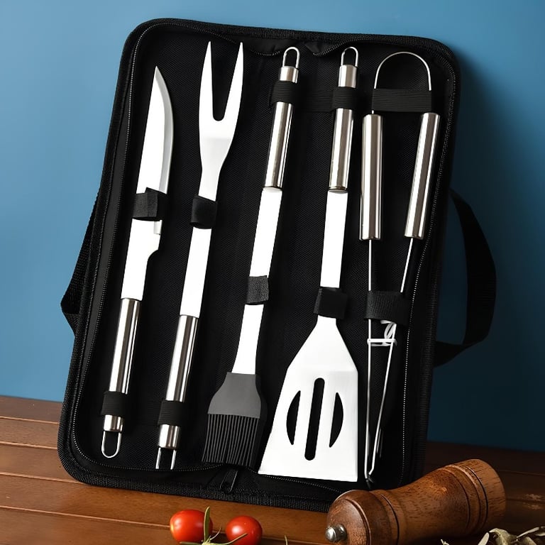 Kit Churrasco Profissional Aço Inox Com Estojo Organizador Cinco Peças