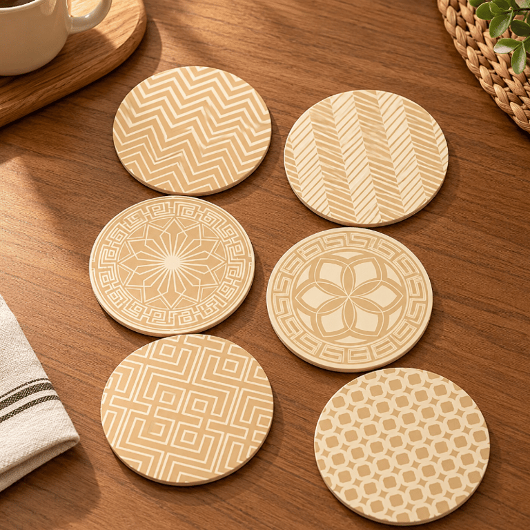 Kit 6 Porta Copos Redondos Decorativos de MDF e Cortiça 10cm com Estampas Geométricas Bege e Branco 
