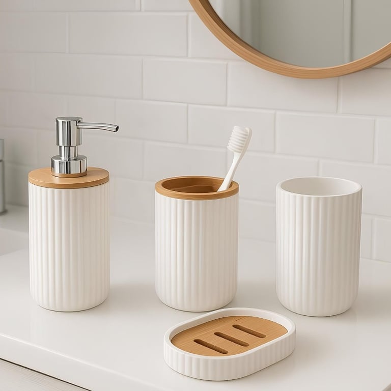 Kit Para Banheiro De Plástico Canelado Branco E Bambu
