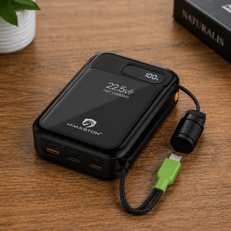 Carregador Portátil 10000mAh 22,5W Power Bank com Cabo Integrado