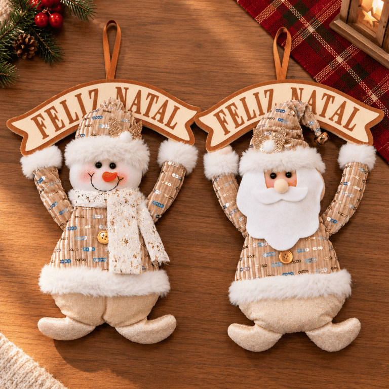 Enfeite Natalino Pendente Papai Noel e Boneco de Neve com Placa Feliz Natal em MDF para Porta e Parede