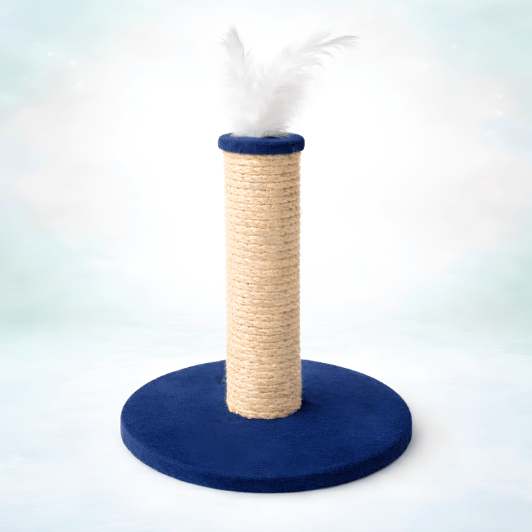 Arranhador Vertical Redondo Azul Para Gatos Com Penas