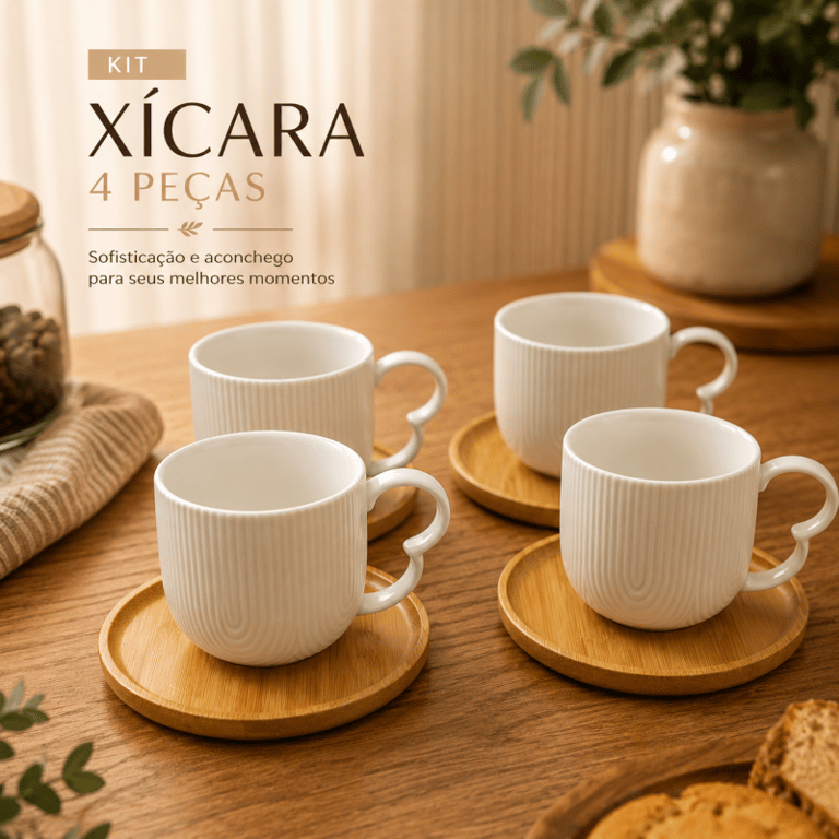 Kit de Xícaras com Pires de Bambu 4 Peças 90 ml