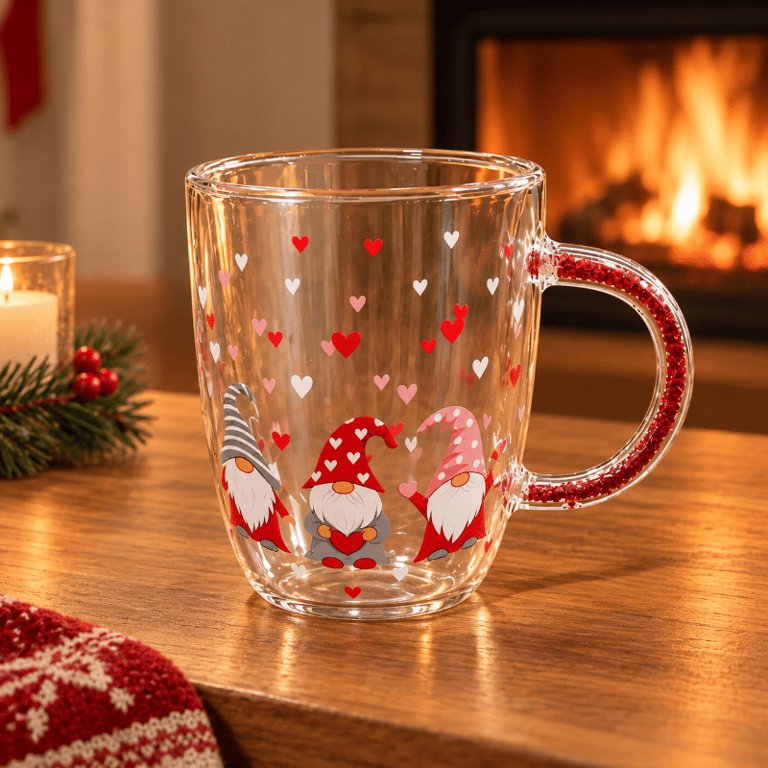 Caneca de Vidro Borossilicato Parede Dupla 350ml Natalina com Gnomos Corações e Alça Decorativa 