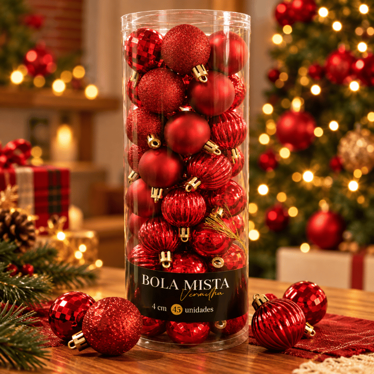 Kit 45 Bolas de Natal Vermelho Misto 4 cm Enfeite Árvore de Natal