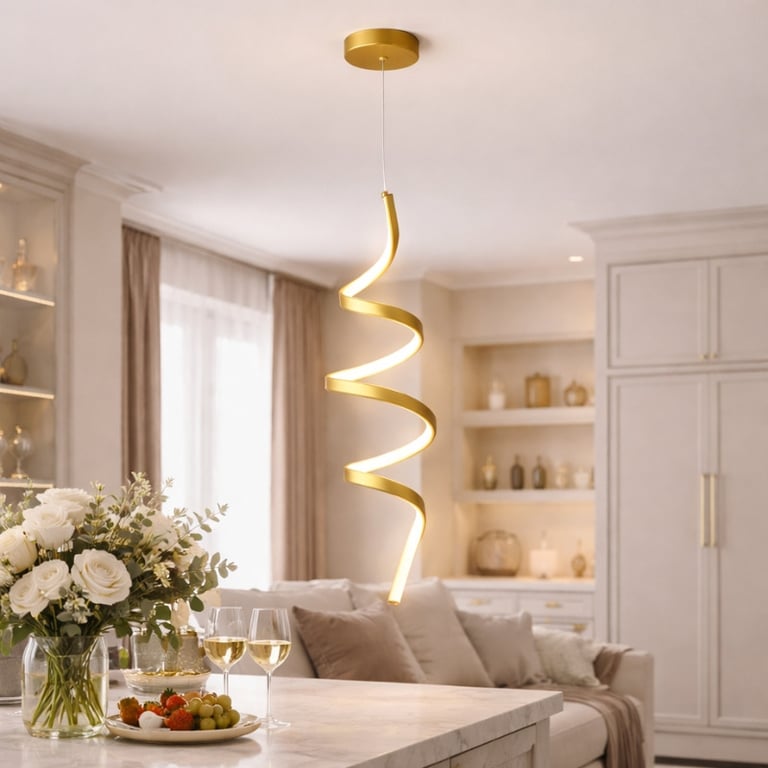 Pendente LED Moderno Espiral Dourado ou Preto Luz Quente