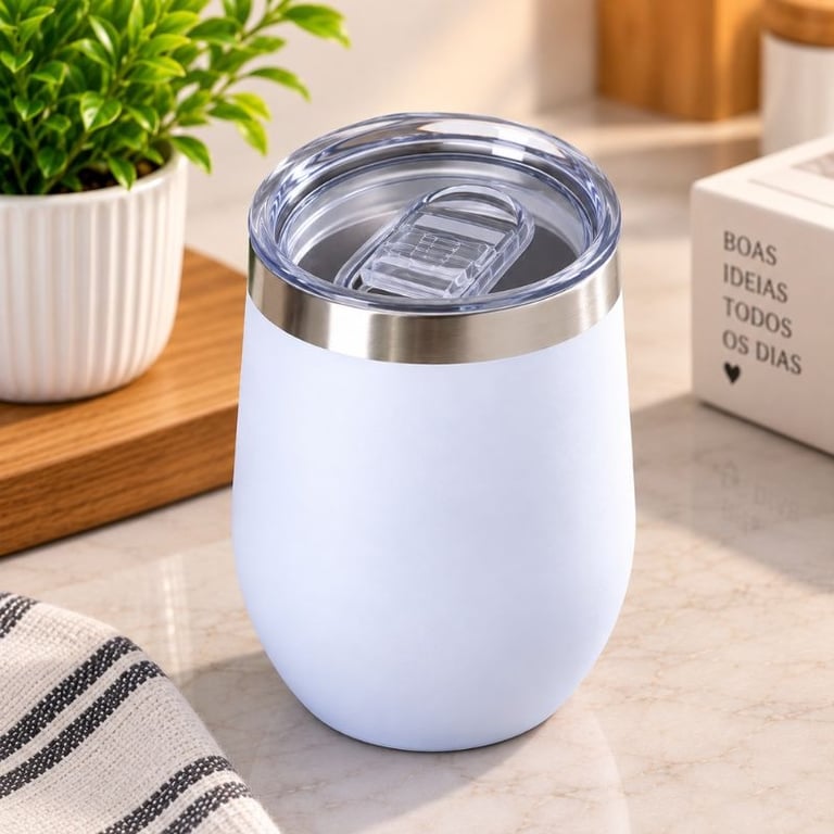 Copo Térmico Oval com Tampa Transparente Elegante Prático para Bebidas Quentes e Gelada