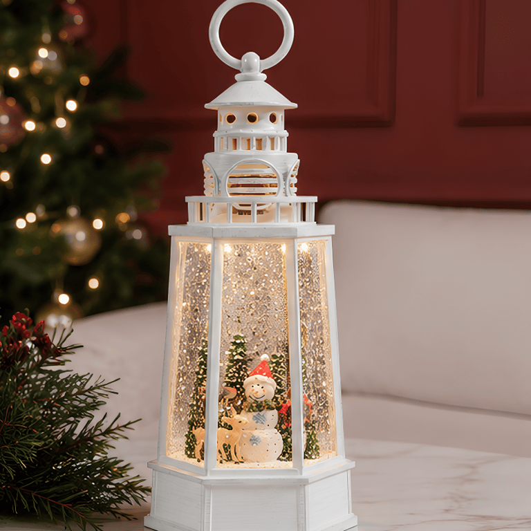 Lanterna Decorativa Natalina Branca com Boneco de Neve Efeito Glitter e Iluminação  Enfeite Festivo Elegante para Decoração de Natal