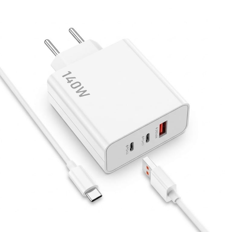 Carregador Turbo 140W 3 Portas USB e Tipo-C com Cabo Tipo-C