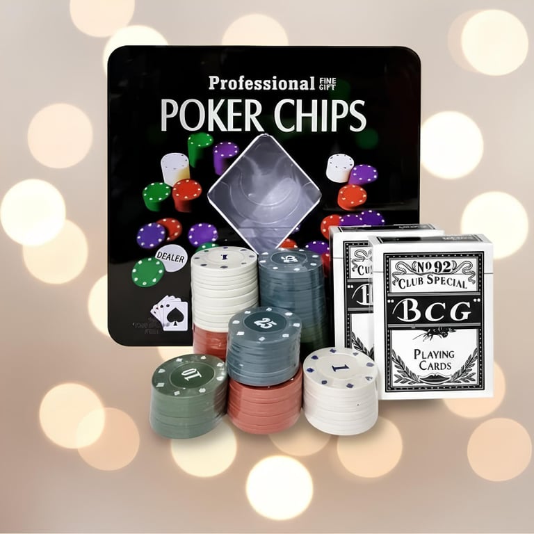 Kit Poker Chips Profissional Em Lata Com 100 Fichas E 2 Decks De Cartas