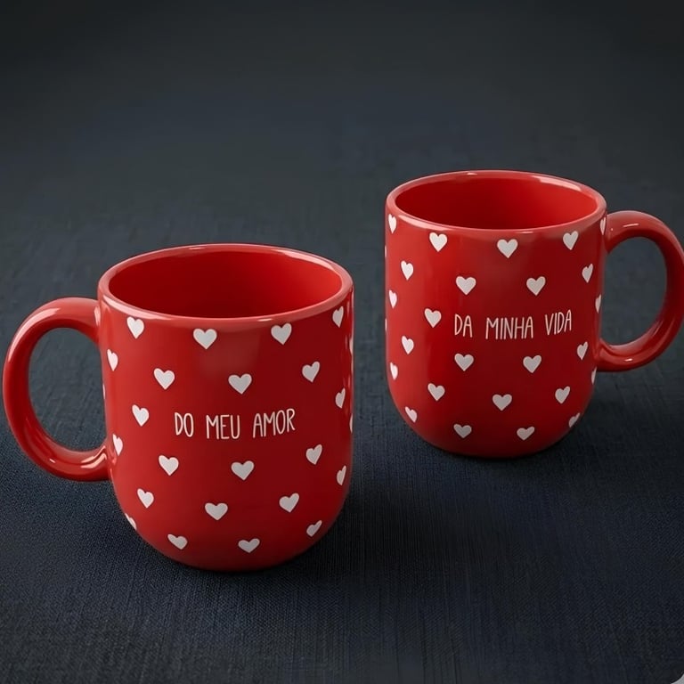 Conjunto De Canecas Para Casal 220ml Vermelhas Com Corações Frases Românticas Presente Para Namorados Casamento E Datas Especiais