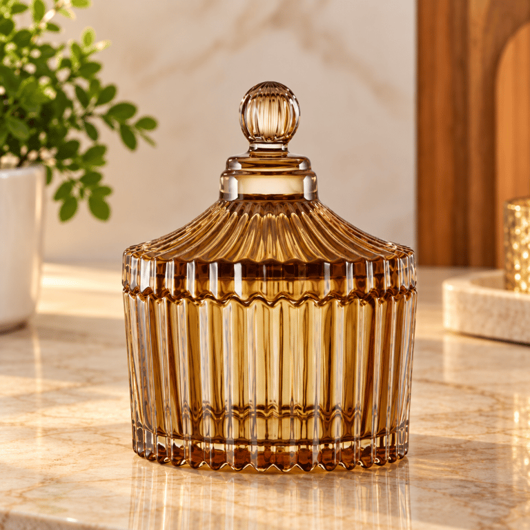 Potiche Cristal Âmbar de Vidro 9 cm com Tampa Texturizada Bomboniere Decorativa