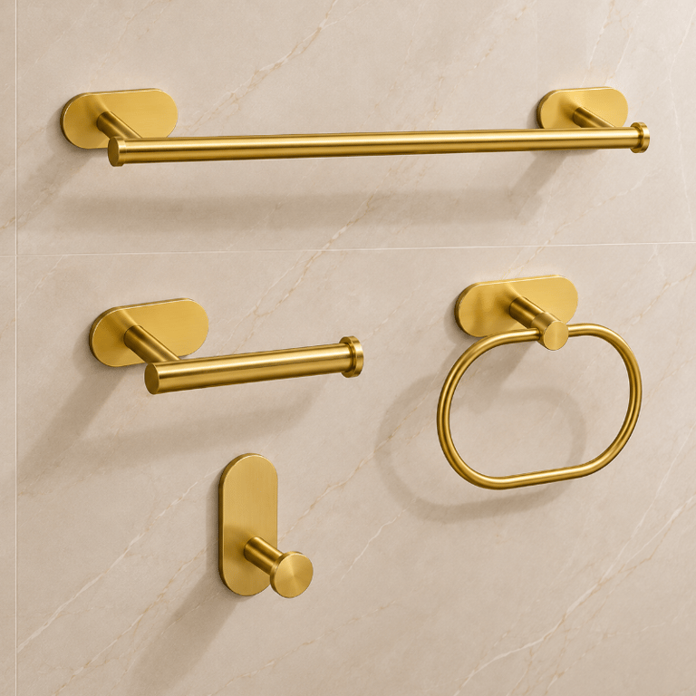 Kit Acessórios para Banheiro Dourado 4 Peças com Toalheiro de Barra Argola Porta Papel Higiênico e Gancho de Parede
