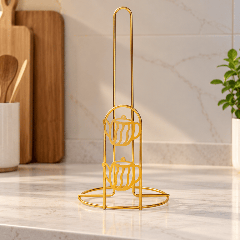 Suporte Porta Papel Toalha de Ferro Dourado 27cm com Base Redonda e Detalhes de Xícaras Decorativas
