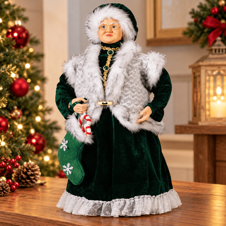 Mamãe Noel 45 cm Verde e Branco com Roupa Aveludada Detalhes Felpudos Enfeite Decorativo Natalino 