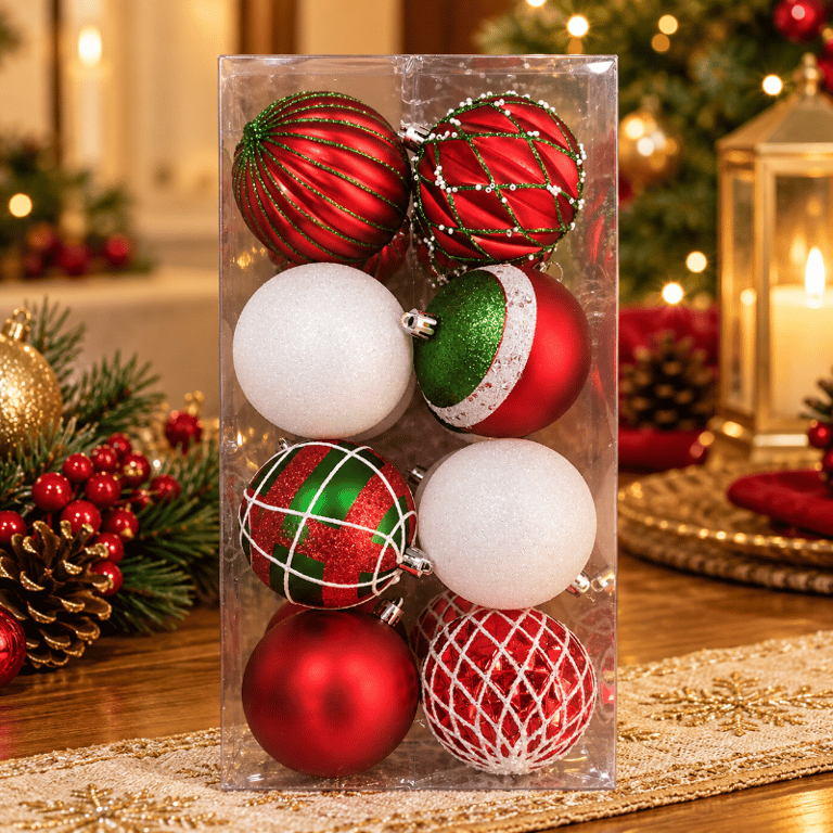 Kit 16 Bolas De Natal Decorativas 8 Centímetros Vermelho Verde E Branco Para Árvore De Natal