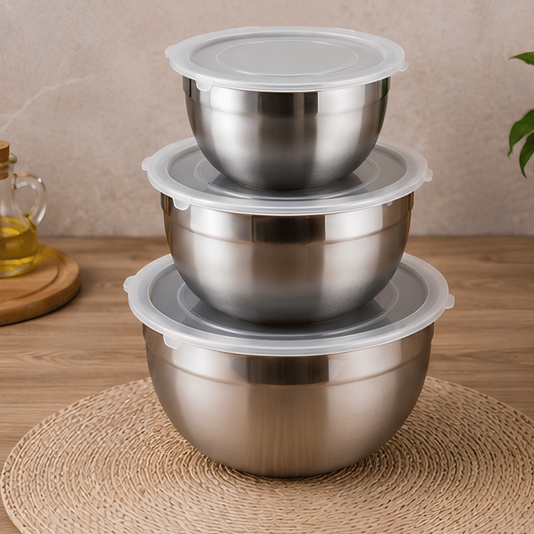 Kit com 3 Tigelas de Aço Inox com Tampa  Conjunto Prático e Sofisticado para Armazenar Preparar e Servir Alimentos