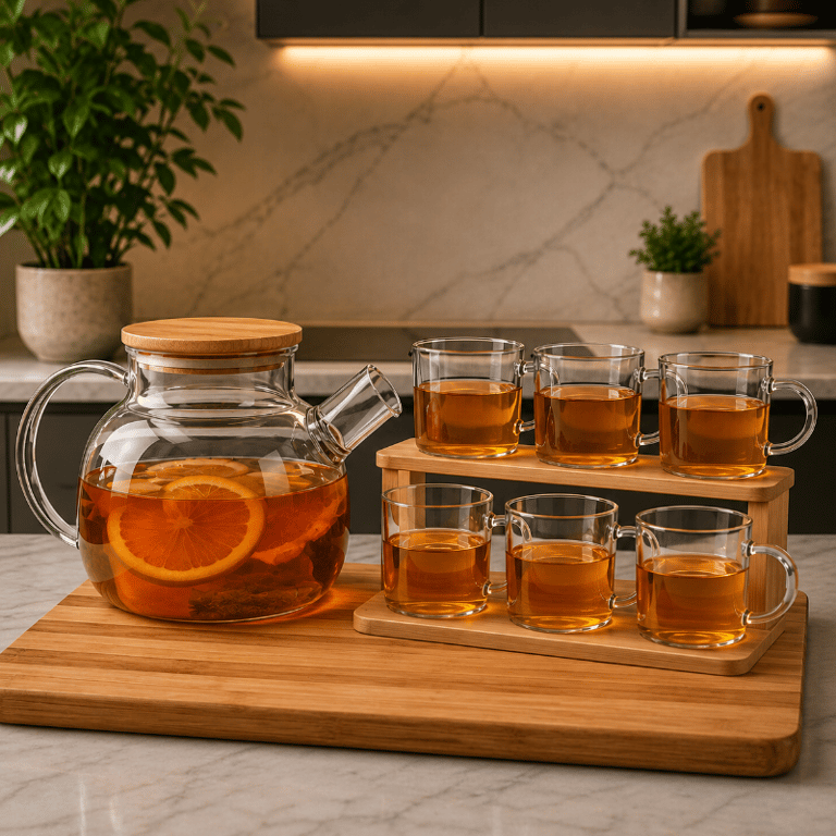 Jogo De Chá De Vidro Borossilicato 1L Com 6 Xícaras 120ml Tampa De Bambu E Coador Inox