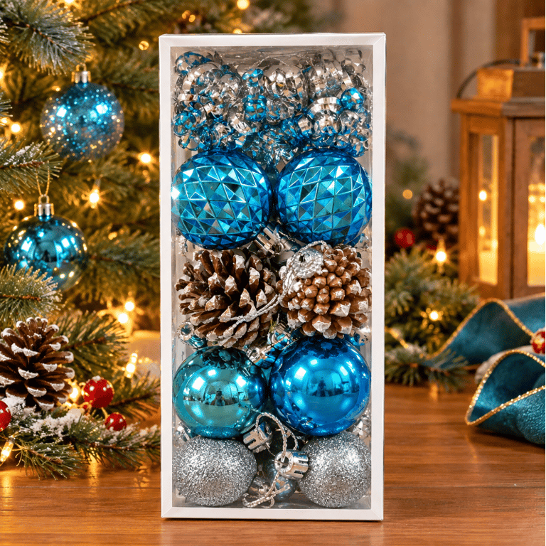 Kit 20 Bolas De Natal Azul E Prata Com Pinha Para Decoração Natalina 