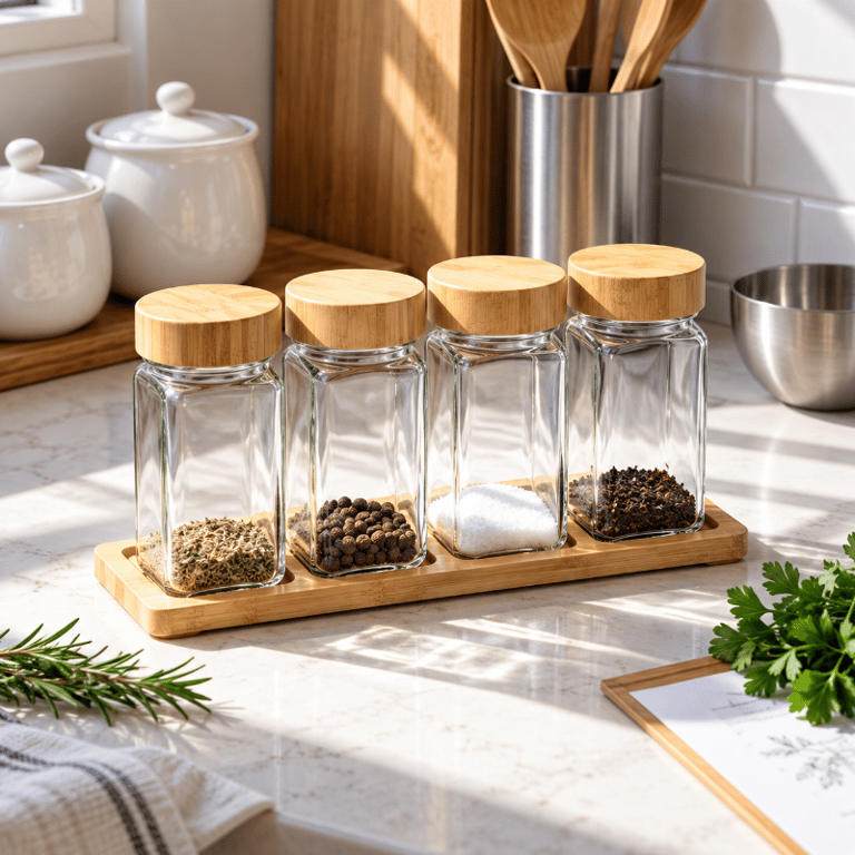 Kit Porta Temperos com 4 Potes de Vidro Transparente 125ml Tampas de Bambu e Suporte Organizador para Cozinha 