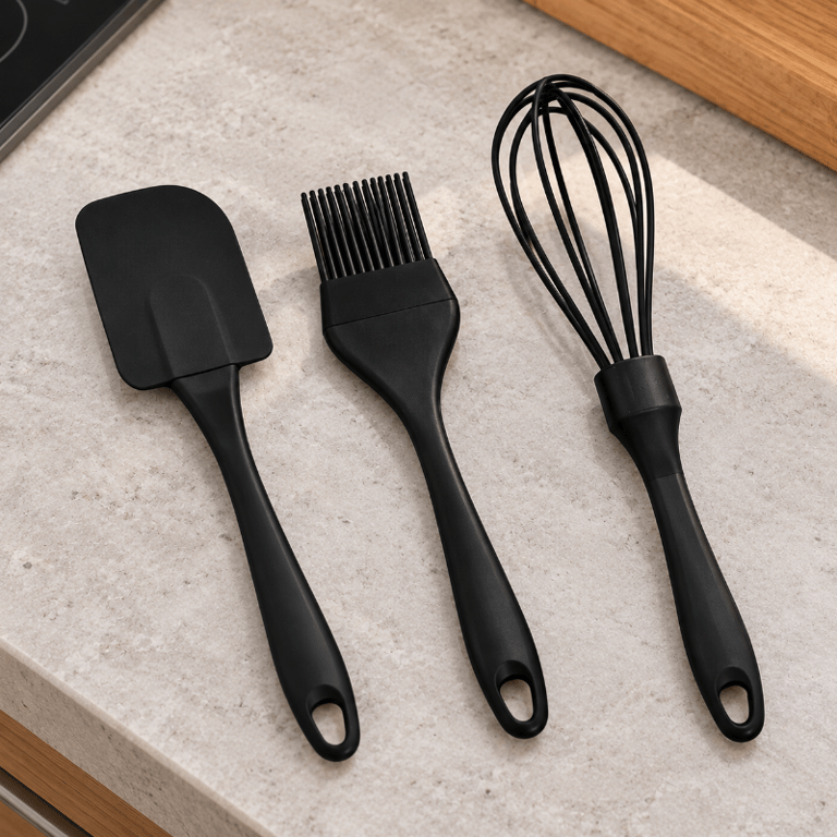 Kit 3 Utensílios de Cozinha em Silicone Preto com Espátula Pincel Culinário e Batedor Fouet para Confeitaria