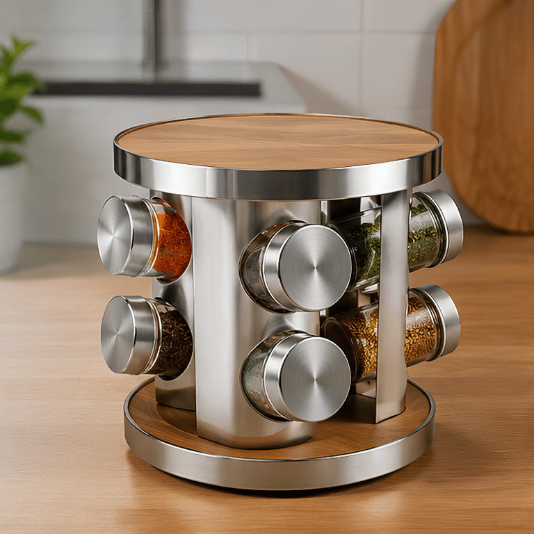 Porta Condimentos Giratório Redondo com 8 Potes de Vidro de 90 ml Base 360° e Estrutura em Aço Inox para Organização Sofisticada da Cozinha
