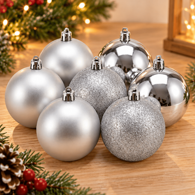 Kit 6 Bolas de Natal Prata Mista 8cm para Árvore