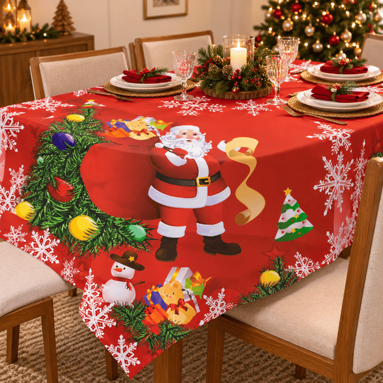 Toalha de Mesa Natalina Retangular 140x180 cm Vermelha com Papai Noel Árvore Presentes e Flocos de Neve