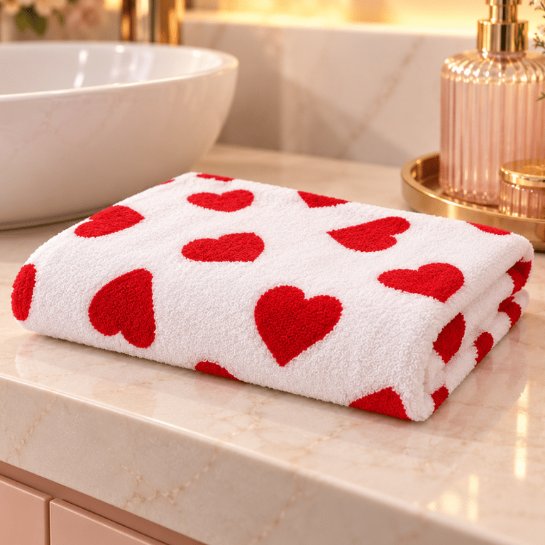 Toalha De Rosto Felpuda 45x75cm Com Corações Vermelhos Macia E Super Absorvente