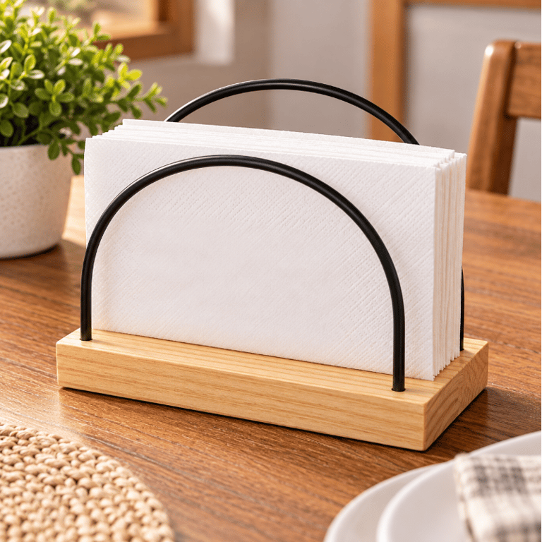 Porta Guardanapo 15x6x12 cm com Base de Bambu e Estrutura Metálica Preta Design Redondo