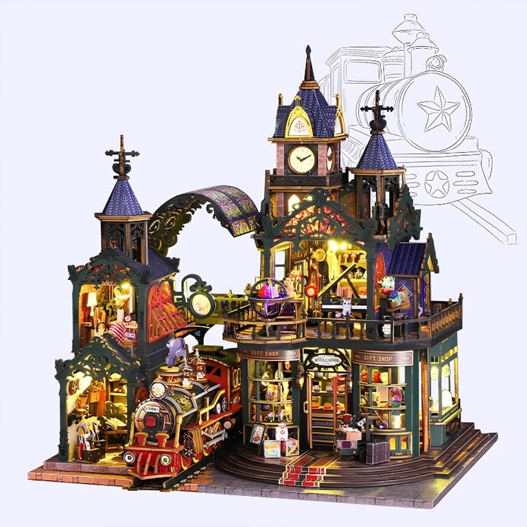 Kit De Montagem DIY Miniaturas Em Madeira Com LED Rail Track Secluded City