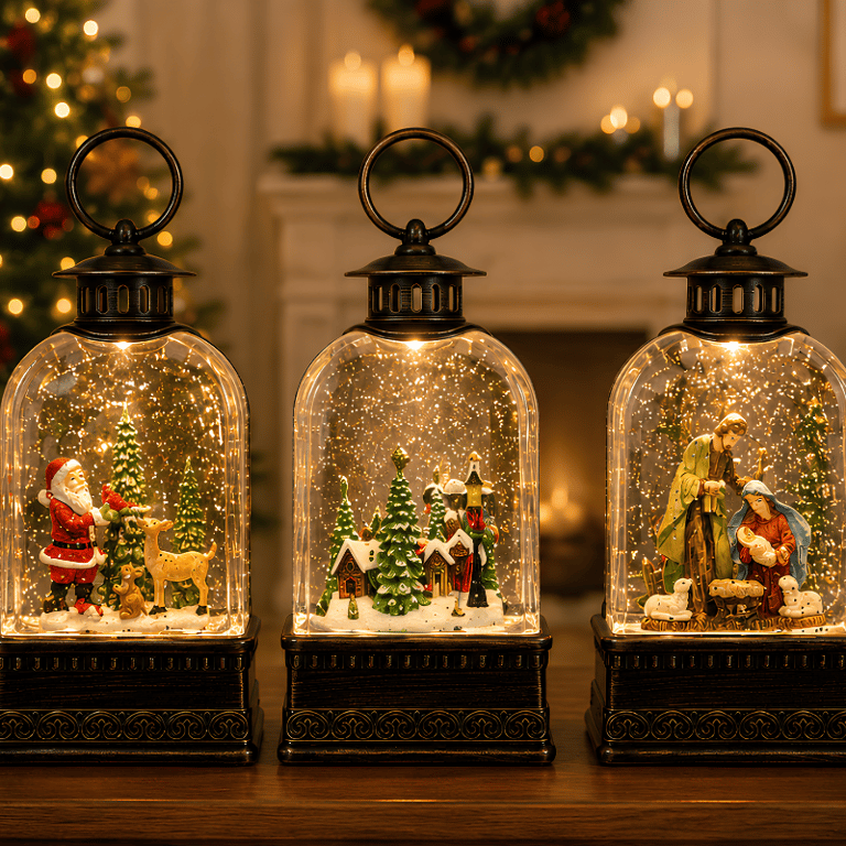 Lanterna Decorativa Natalina com Globo de Neve Iluminação e Miniatura Festiva