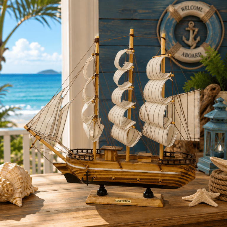 Barco Veleiro Decorativo com Velas em Tecido Estilo Náutico