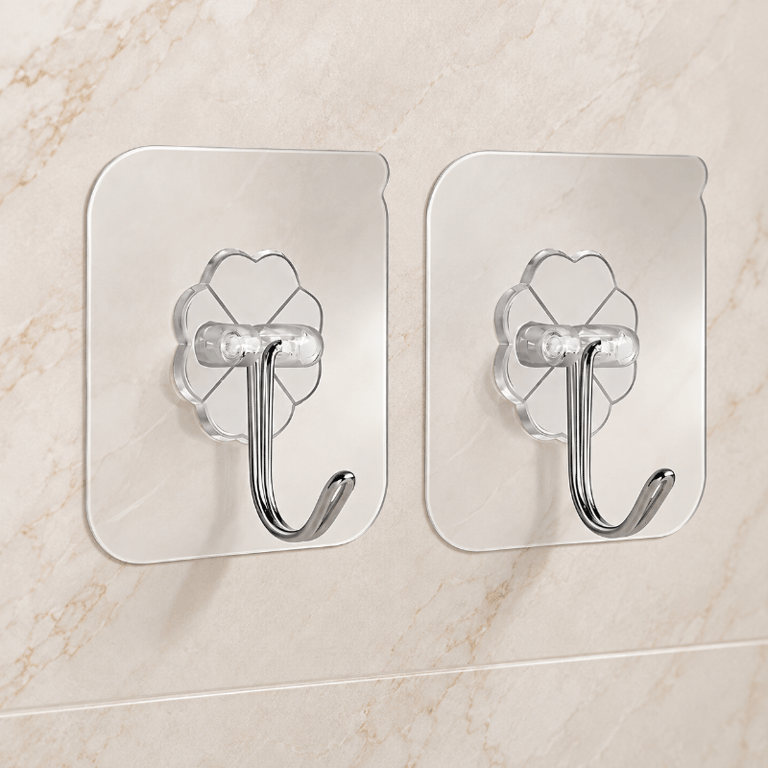 Kit Com 2 Ganchos Adesivos De Silicone Transparente 8x8 cm Com Gancho Metálico Para Organização