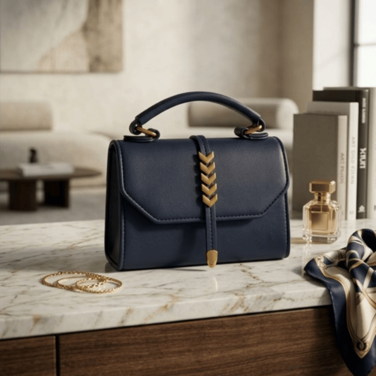 Bolsa Feminina Preta Estruturada com Detalhes Dourados