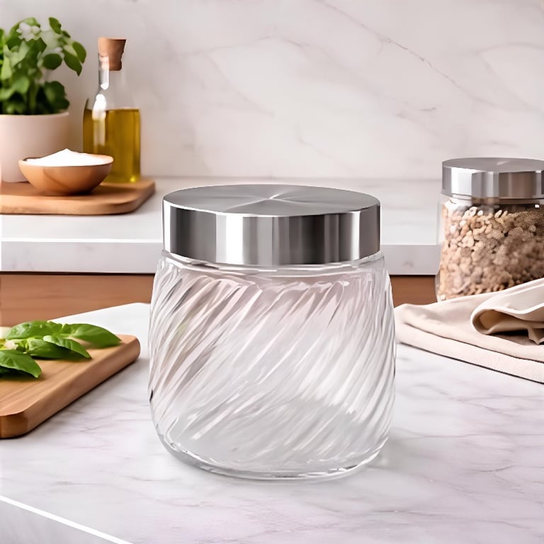 Pote de Vidro Transparente 1 Litro com Tampa Metálica Corpo Texturizado para Mantimentos e Organização de Cozinha