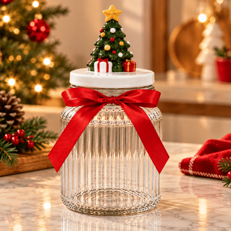 Pote de Vidro Natalino 950ml com Tampa de Cerâmica Pinguim Decorativo e Laço Vermelho para Decoração de Natal