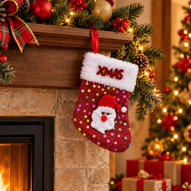 Meia De Natal Decorativa Com Glitter Enfeite Natalino Para Pendurar